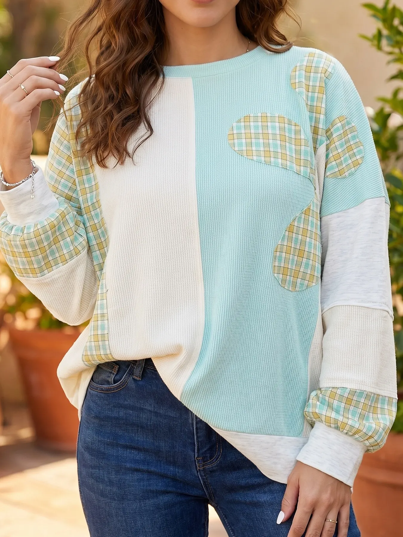Plaid Patchwork Round Neck Long Sleeve Top 2
