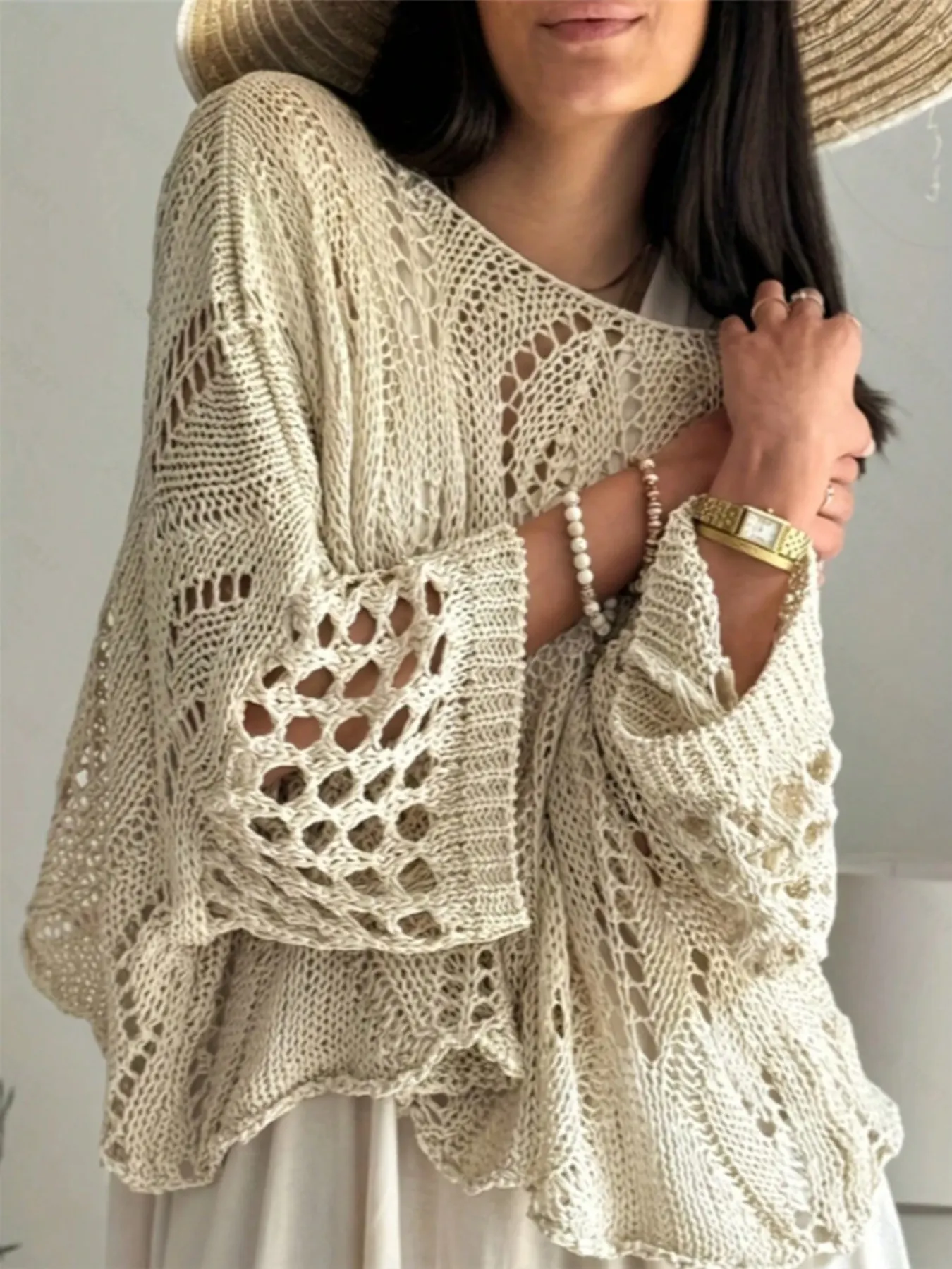 Boat Neck Crochet Knit Cover Up