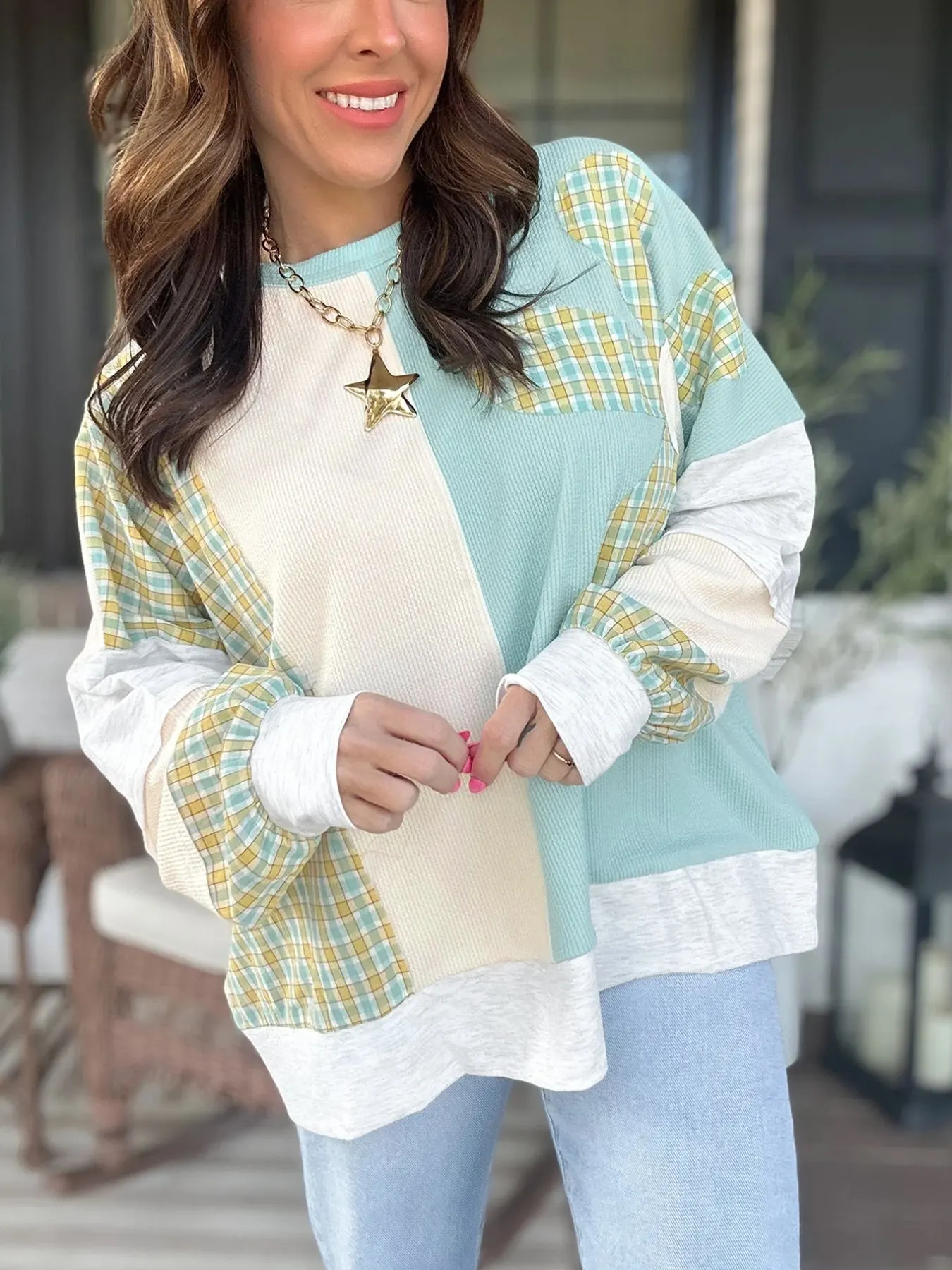 Plaid Patchwork Round Neck Long Sleeve Top 4