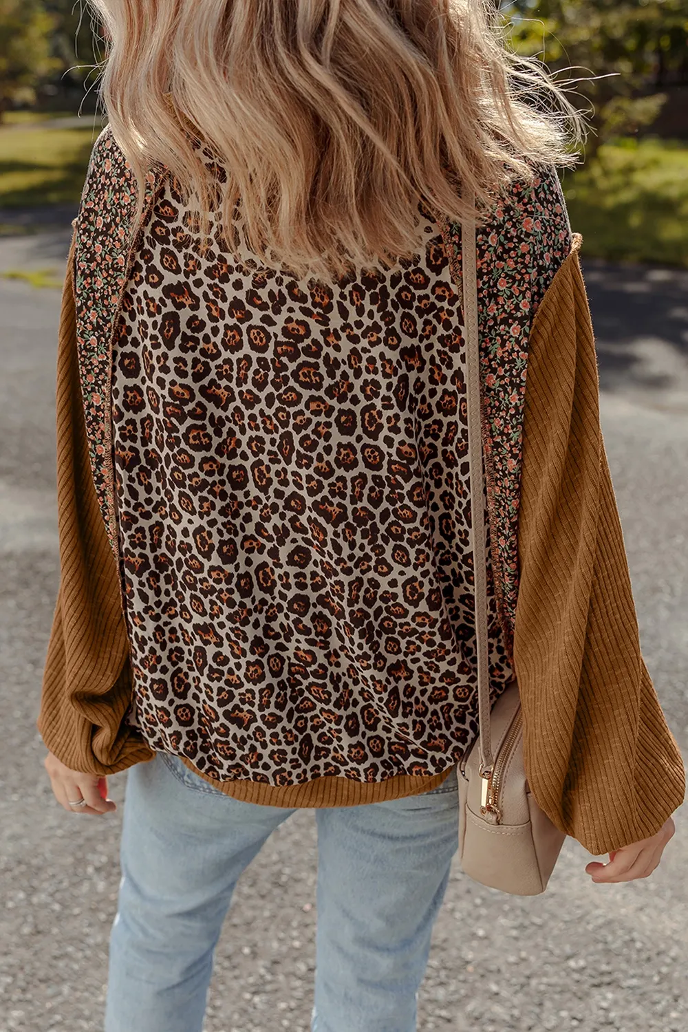 Leopard Floral Print Ribbed Puff Sleeve Patchwork Loose Sweatshirt 2