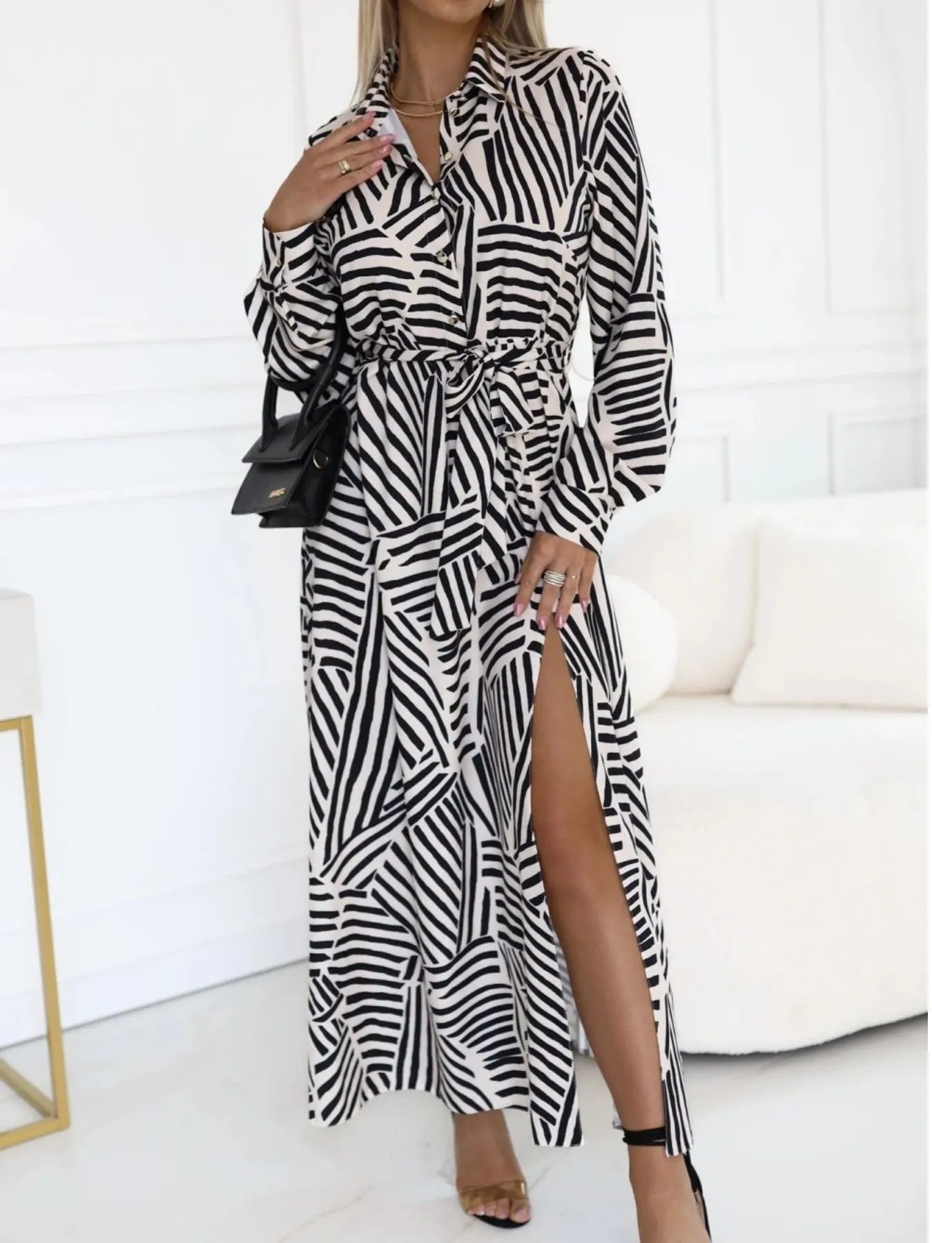 Geometric Print Belted Maxi Shirt Dress 2