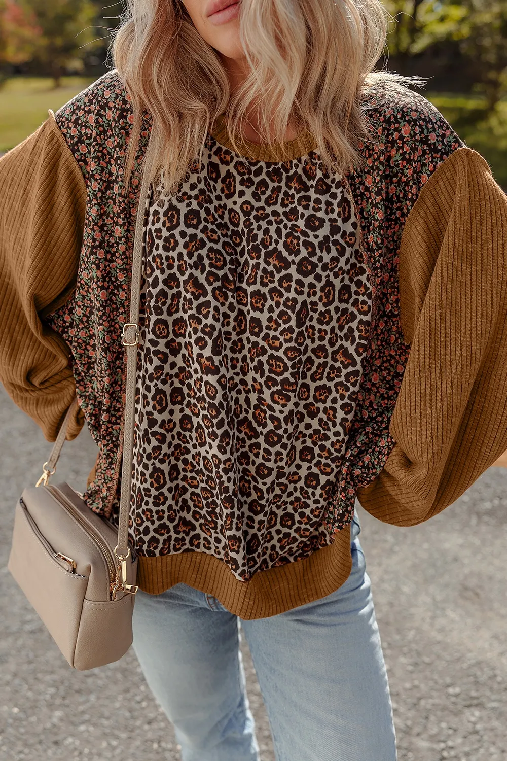 Leopard Floral Print Ribbed Puff Sleeve Patchwork Loose Sweatshirt 4