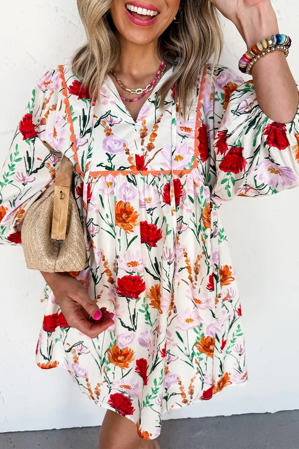 Floral Print 3/4 Puff Sleeve Ricrac Trim Mini Dress