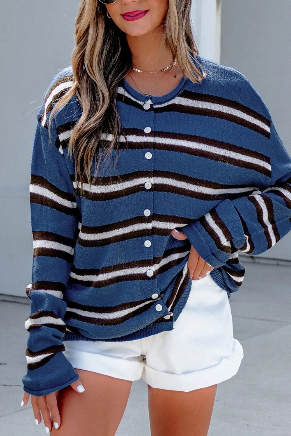 Stripe Striped Drop Shoulder Button Cardigan