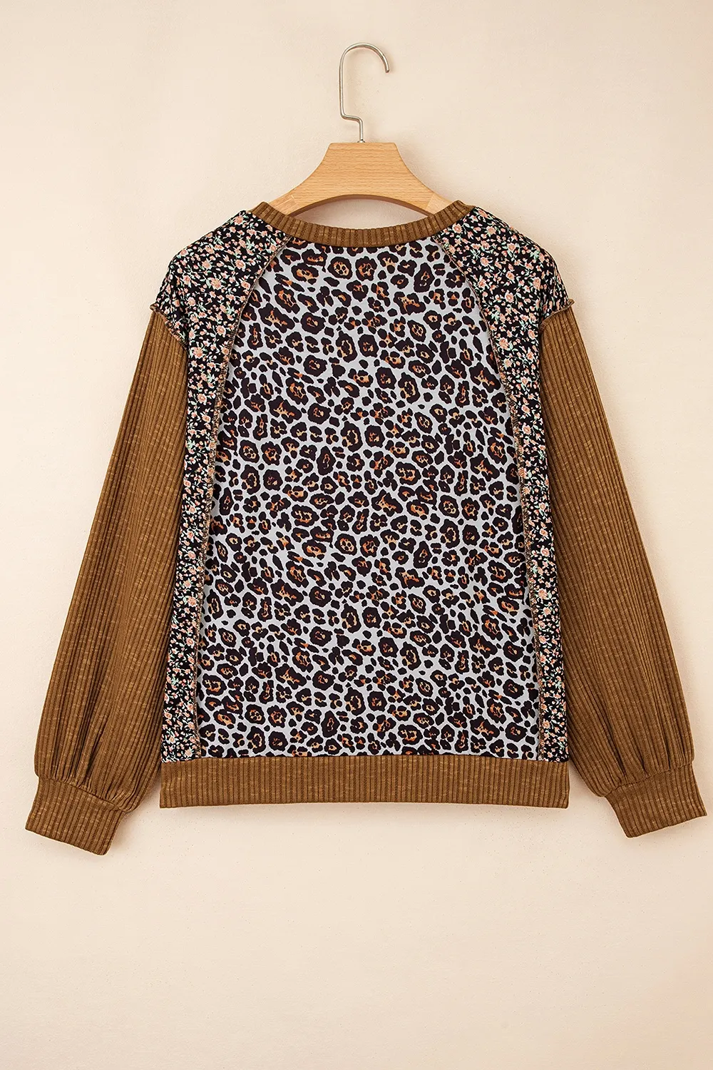 Leopard Floral Print Ribbed Puff Sleeve Patchwork Loose Sweatshirt 6