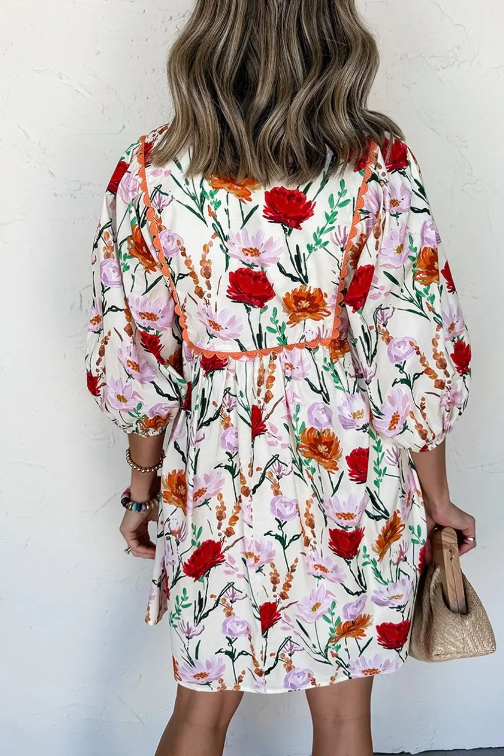 Floral Print 3/4 Puff Sleeve Ricrac Trim Mini Dress 3