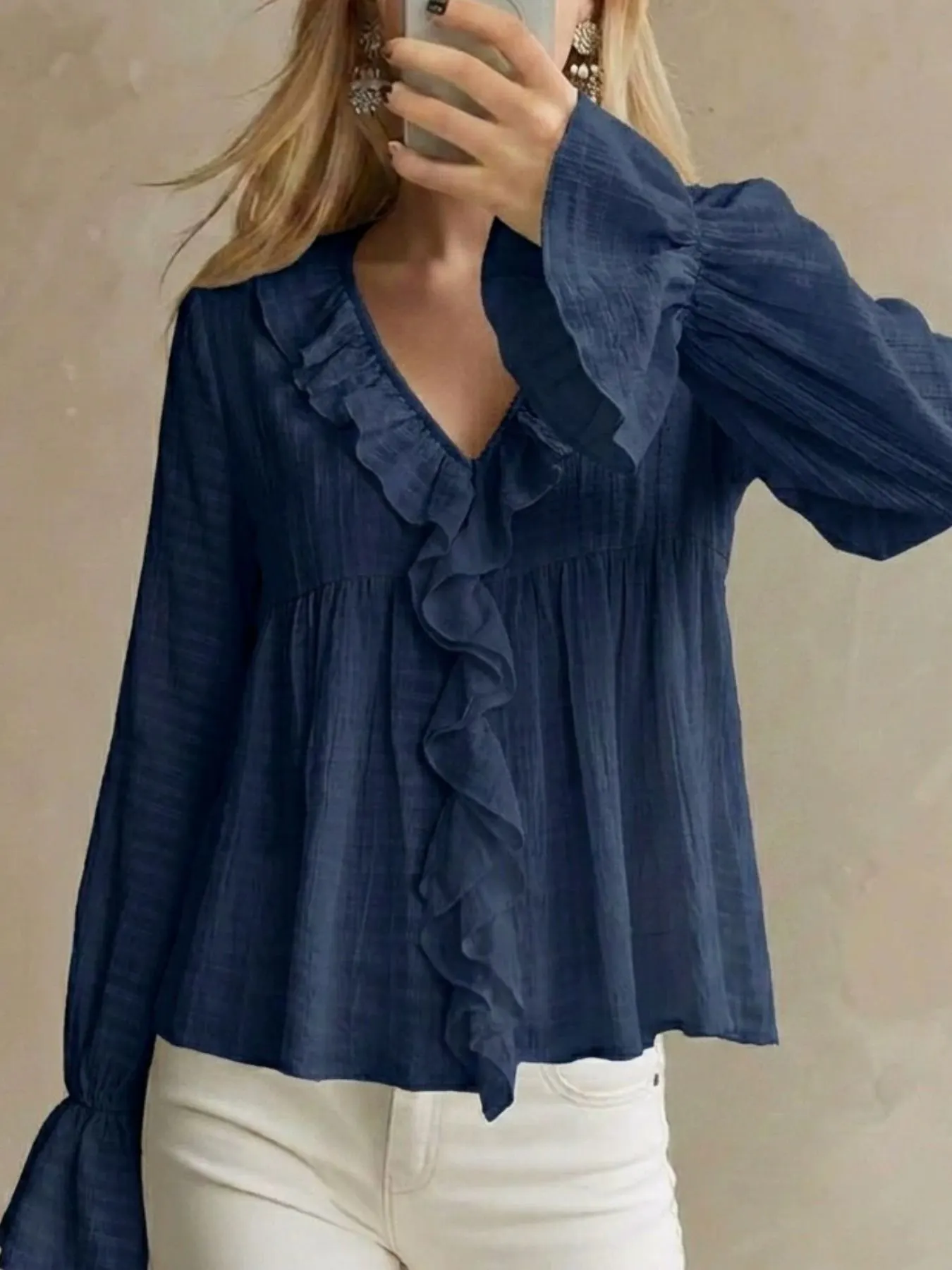Ruffled V-Neck Flounce Sleeve Blouse 7