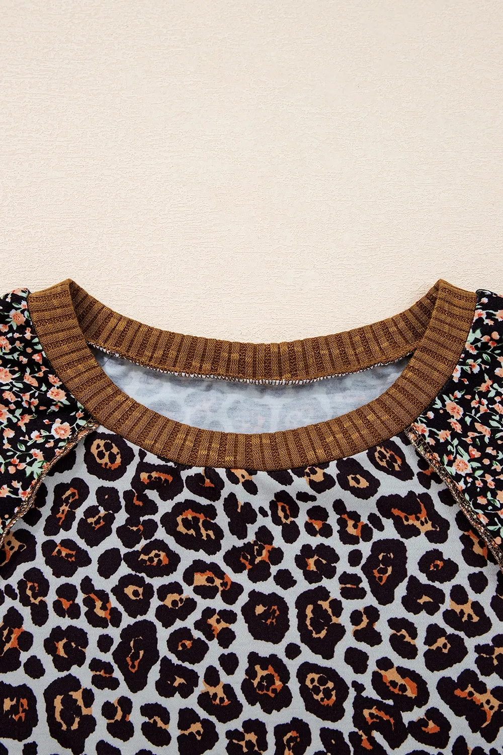 Leopard Floral Print Ribbed Puff Sleeve Patchwork Loose Sweatshirt 7