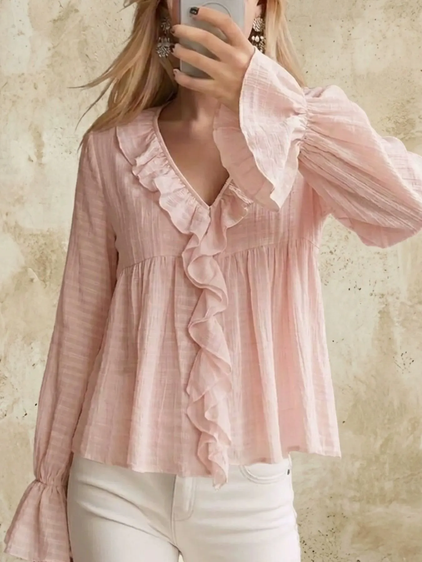 Ruffled V-Neck Flounce Sleeve Blouse 3