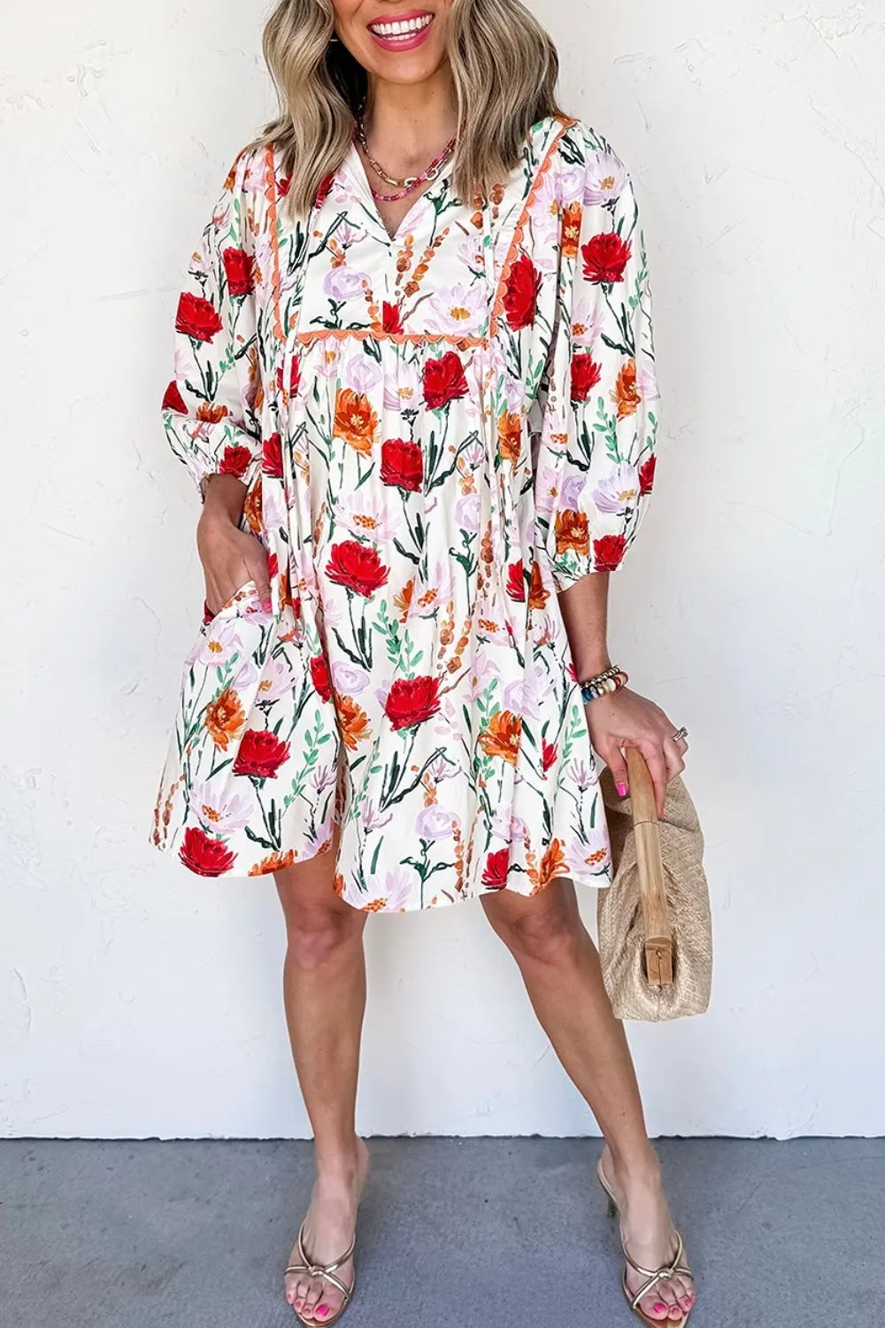 Floral Print 3/4 Puff Sleeve Ricrac Trim Mini Dress 2
