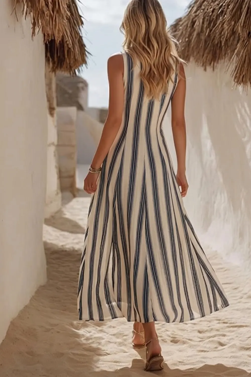 Striped V-Neck Sleeveless Midi Dress 2
