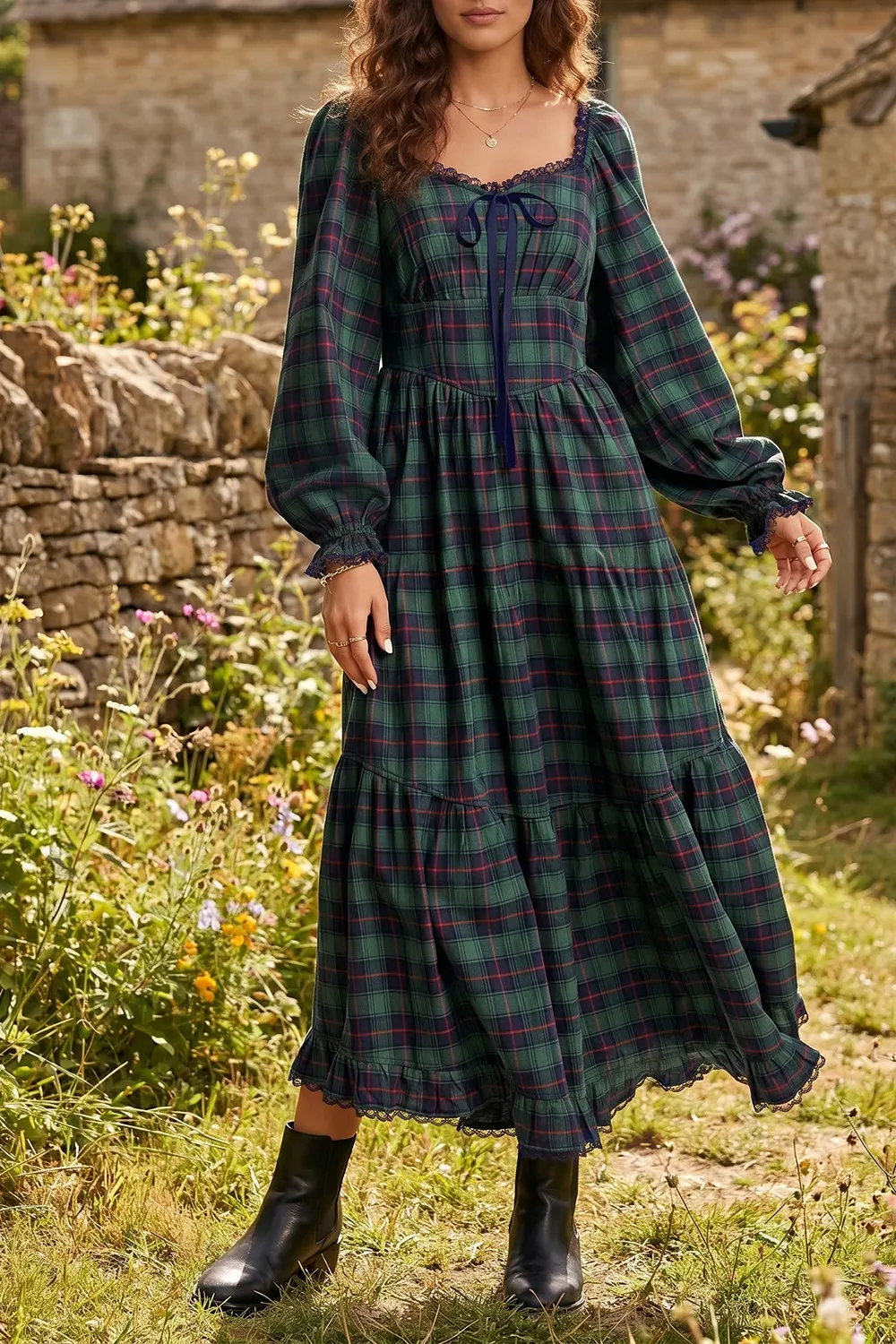 Plaid Long Sleeve Tiered Midi Dress