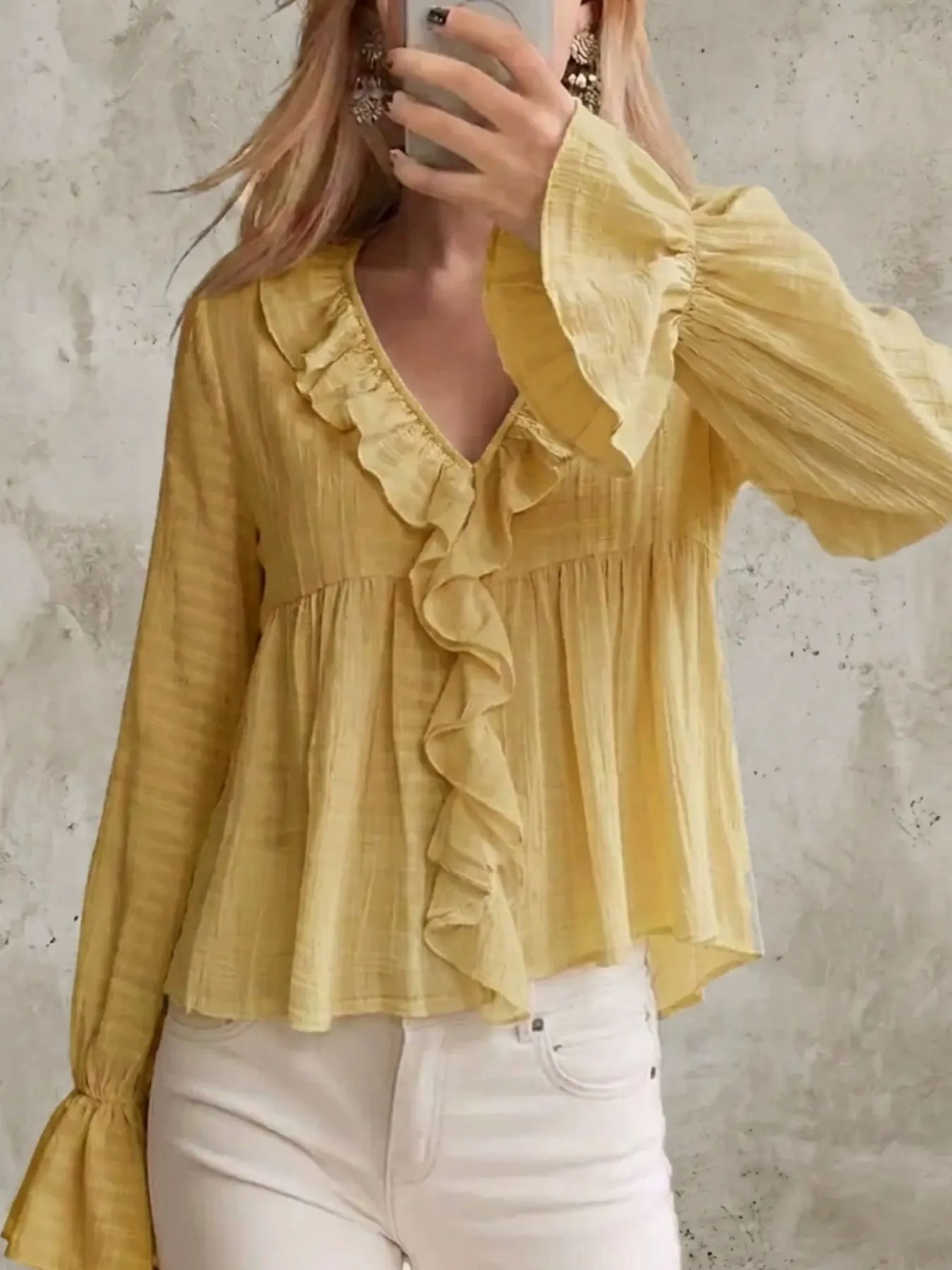 Ruffled V-Neck Flounce Sleeve Blouse 5