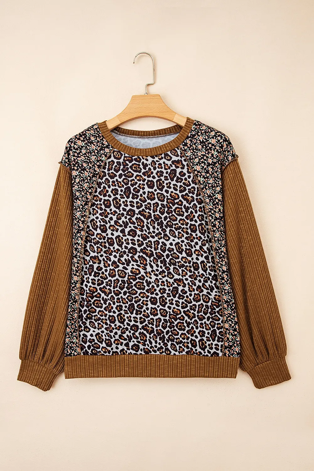 Leopard Floral Print Ribbed Puff Sleeve Patchwork Loose Sweatshirt 5
