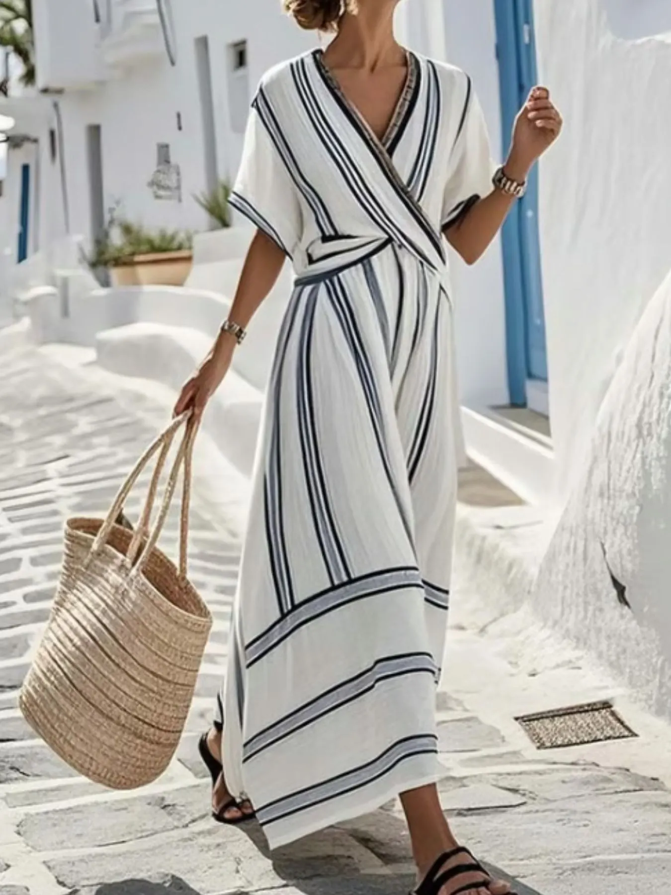 Full Size Striped Short Sleeve Wrap Maxi Dress Plus Size