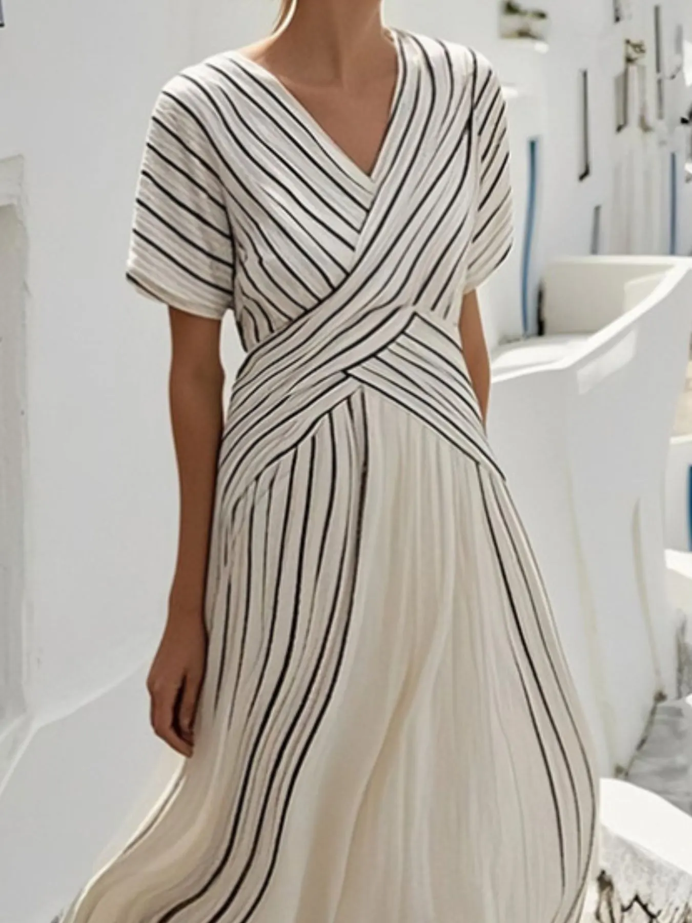 Full Size Striped Short Sleeve Wrap Maxi Dress Plus Size 5