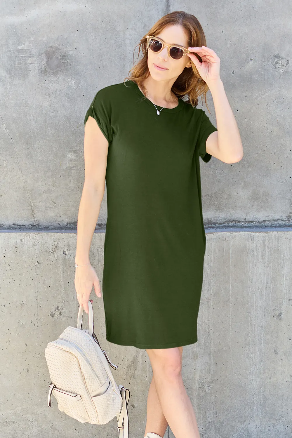 Basic Bae Full Size Solid Round Neck Short Sleeve Casual Loose Mini T-Shirt Dress with Side Pockets