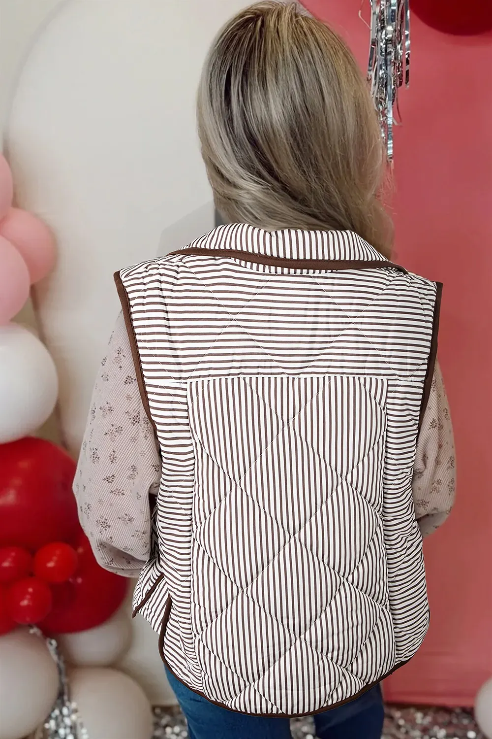 Stripe Quilted Wavy Hem Snap Button Vest 4