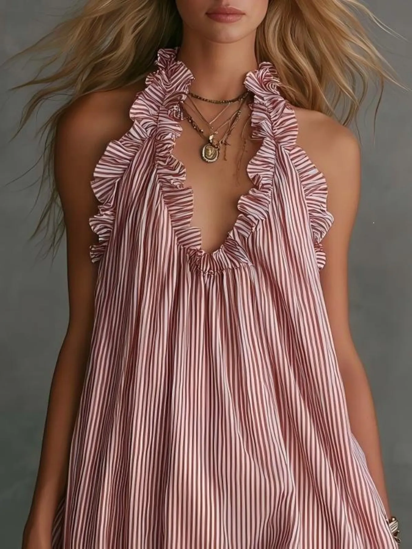 Full Size Ruffled Trim Halter Neck Mini Dress Plus Size 2
