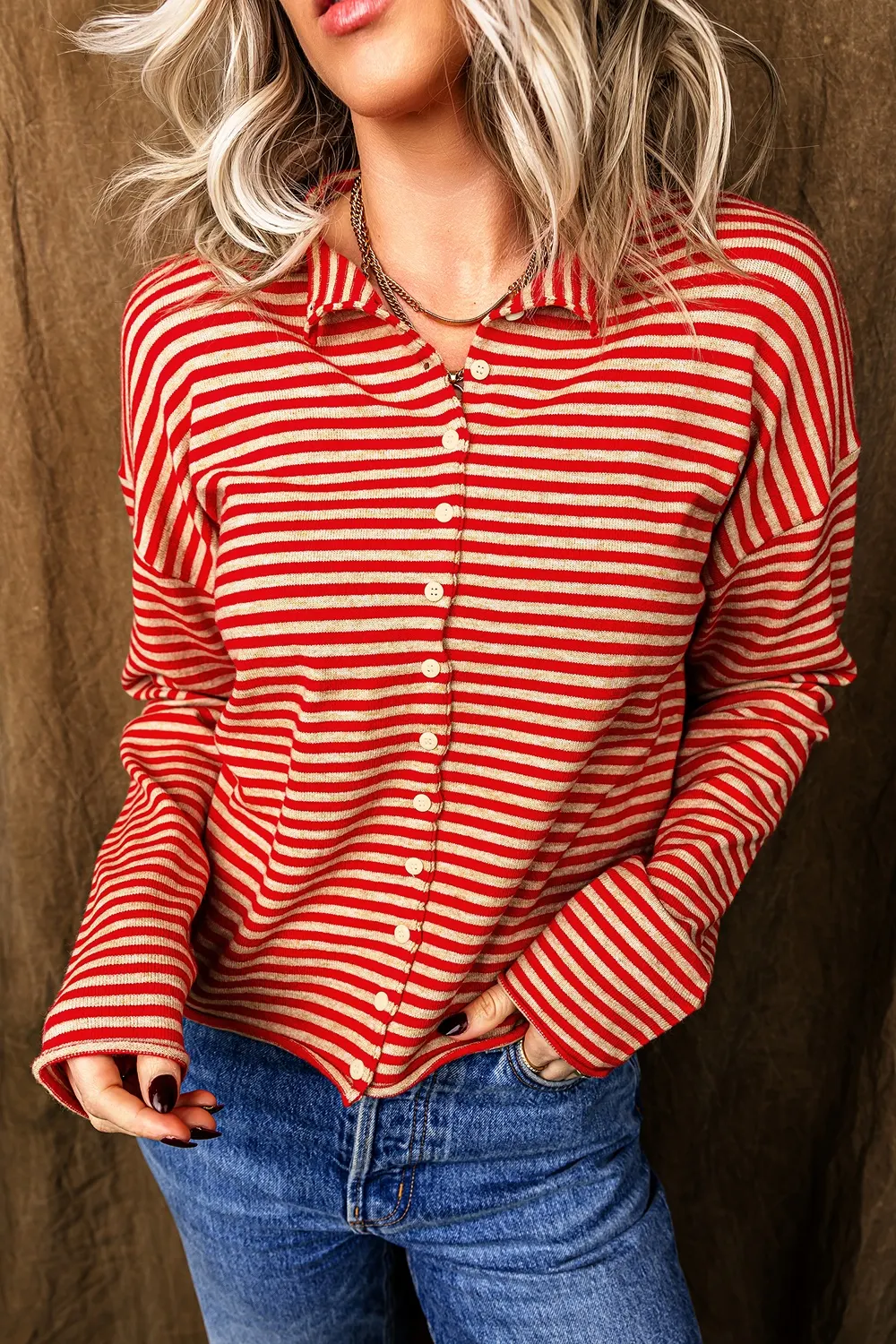 Stripe Striped Drop Shoulder Button Cardigan 17