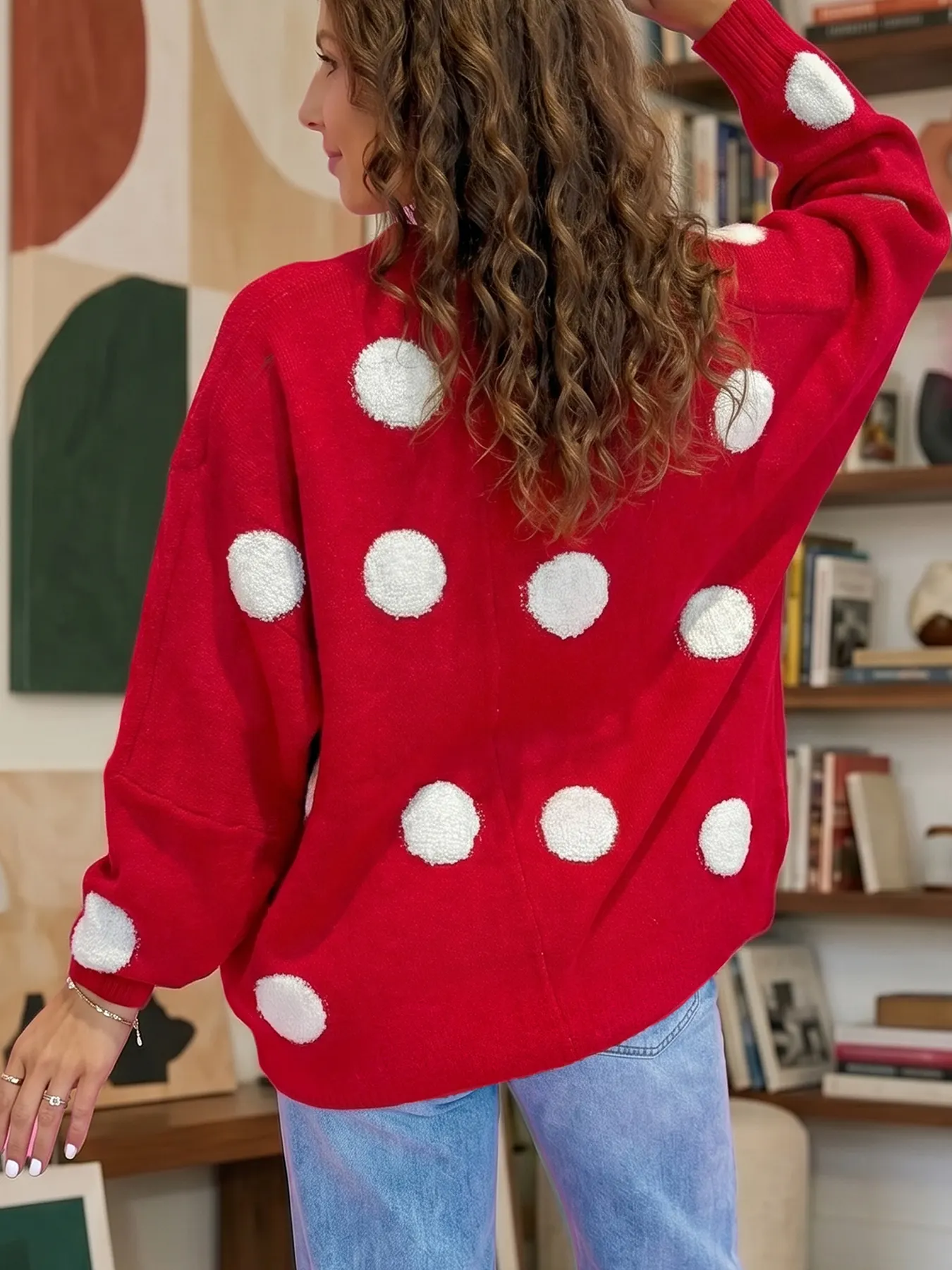 Polka Dot Button Front Oversized V Neck Cardigan 2