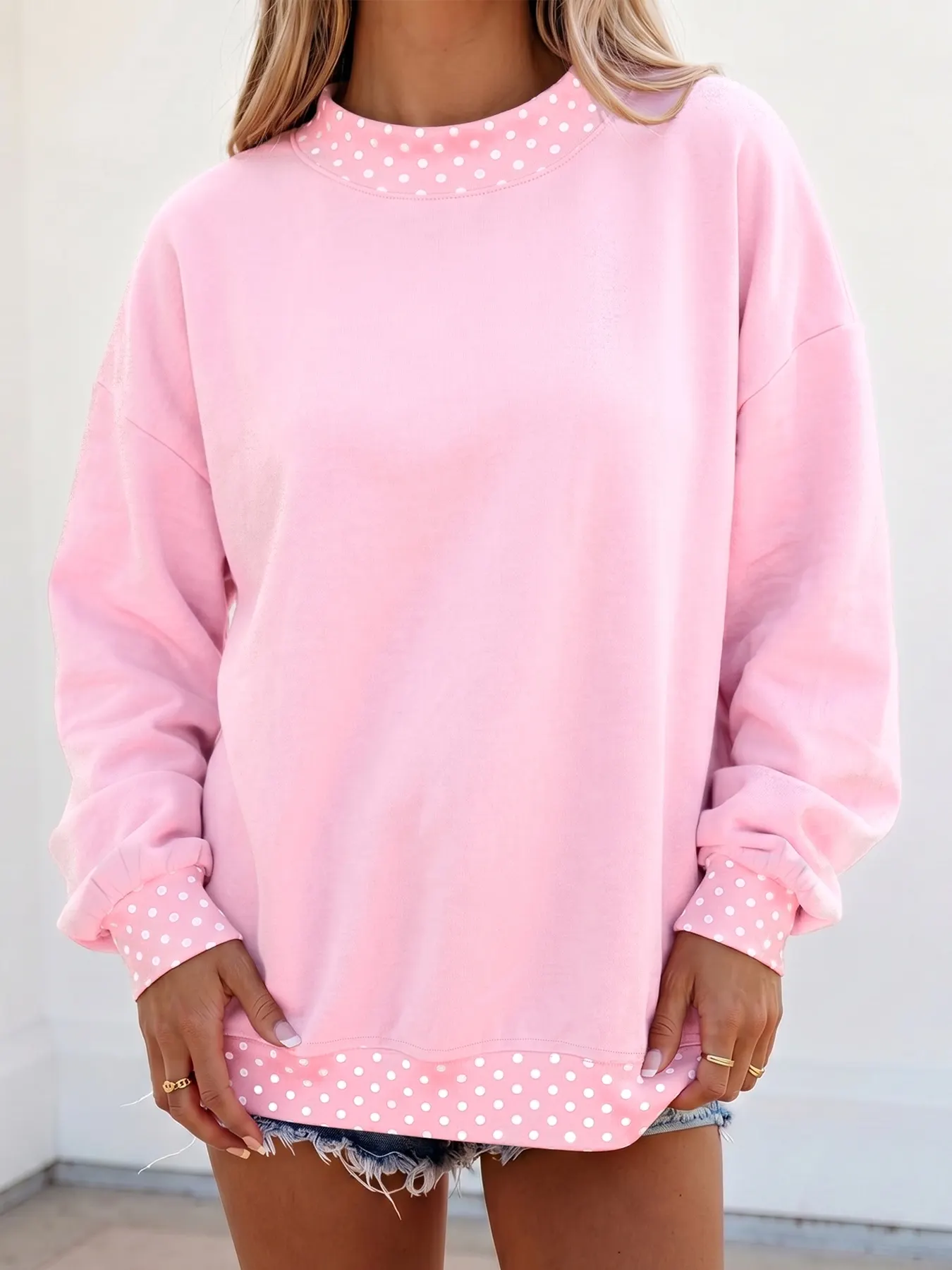 Polka Dot Trim Casual Sweatshirt