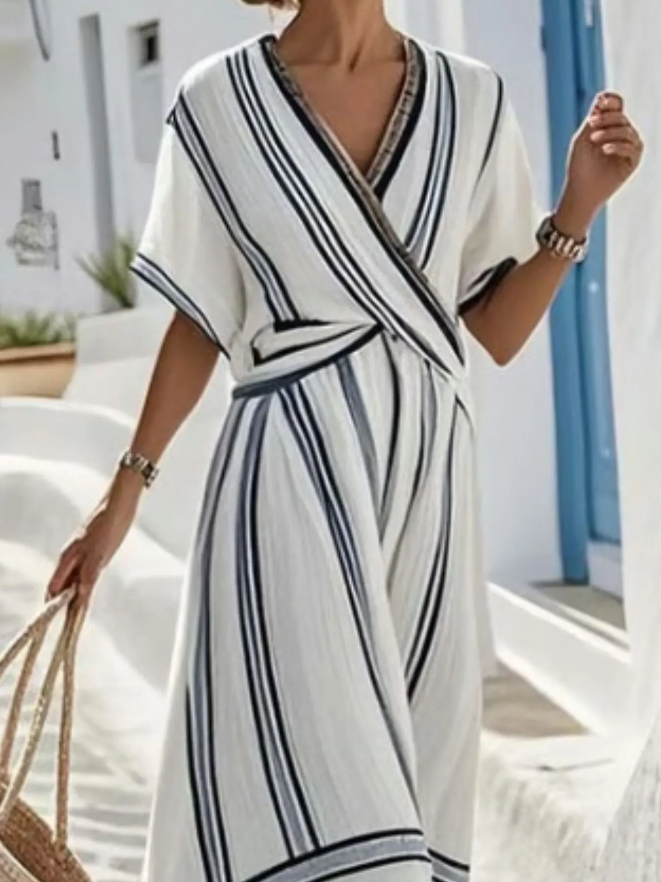 Full Size Striped Short Sleeve Wrap Maxi Dress Plus Size 2