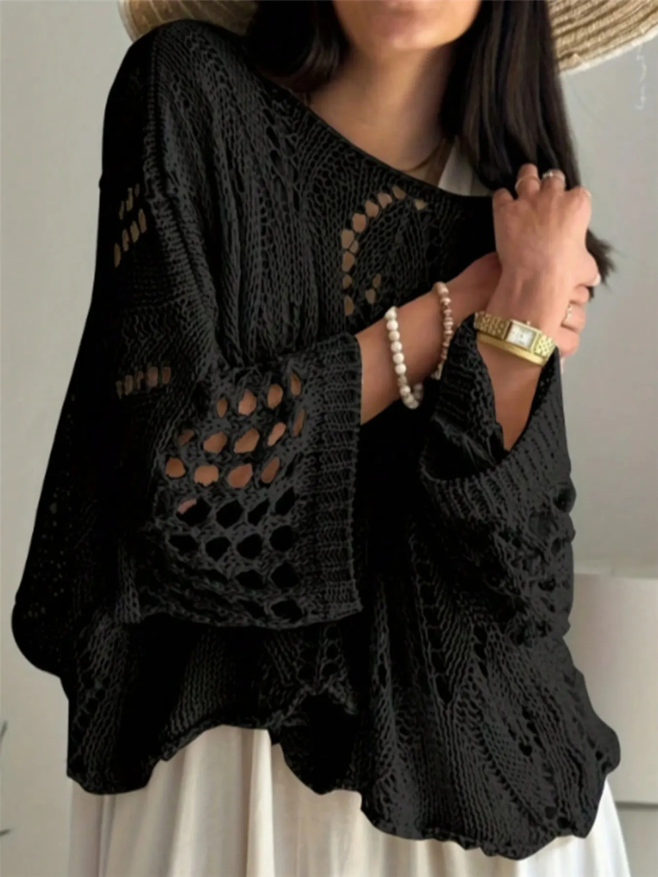 Boat Neck Crochet Knit Cover Up 4
