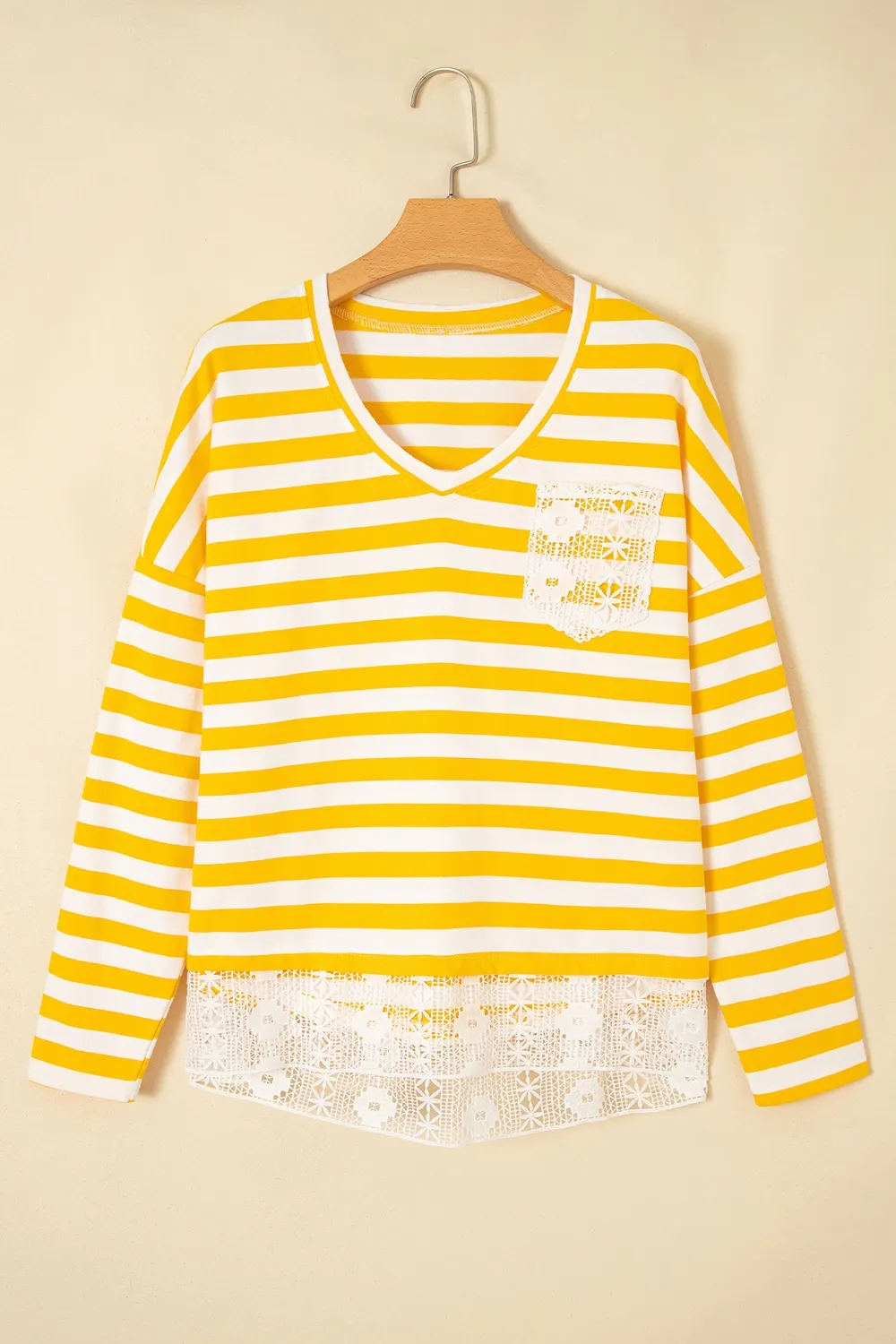 Stripe Striped Lace Patchwork V Neck Long Sleeve Top 3