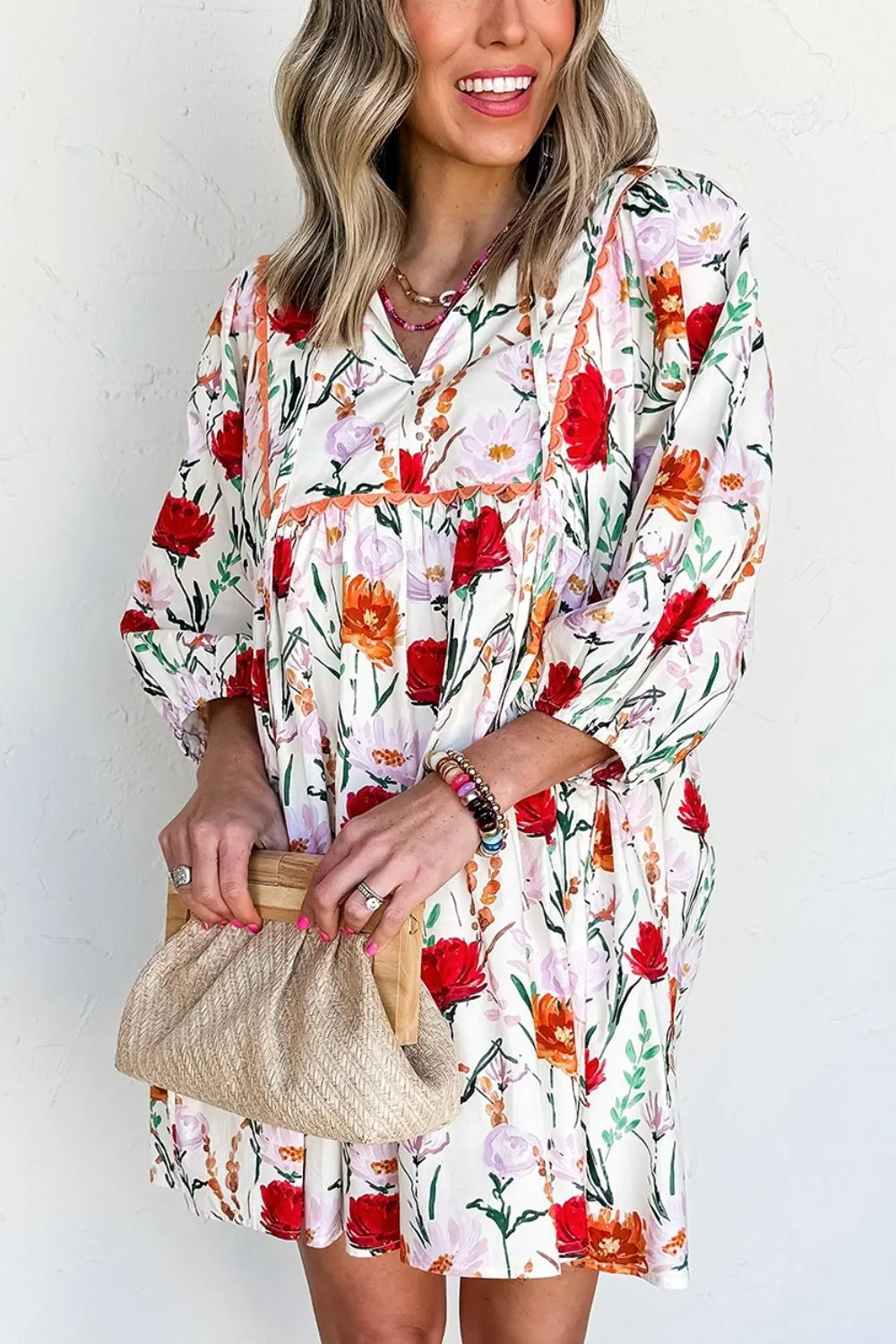 Floral Print 3/4 Puff Sleeve Ricrac Trim Mini Dress 4