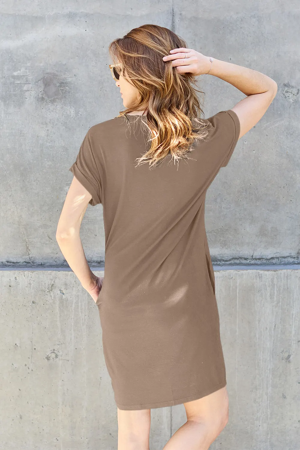 Basic Bae Full Size Solid Round Neck Short Sleeve Casual Loose Mini T-Shirt Dress with Side Pockets 17
