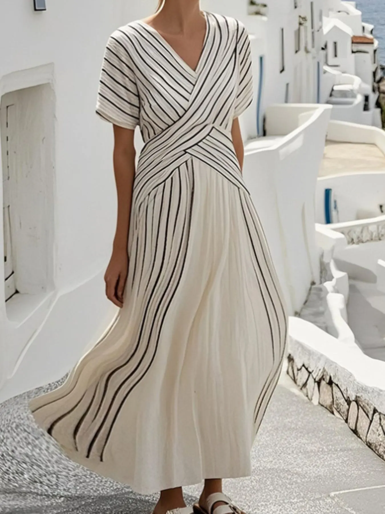 Full Size Striped Short Sleeve Wrap Maxi Dress Plus Size 4