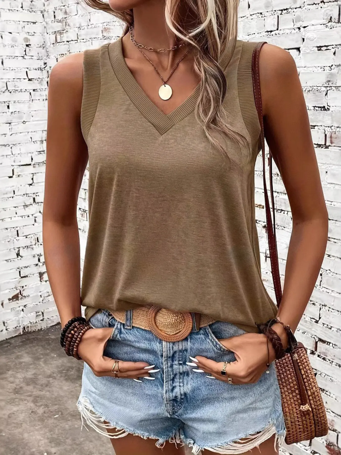 V-Neck Ribbed Trim Tank 16