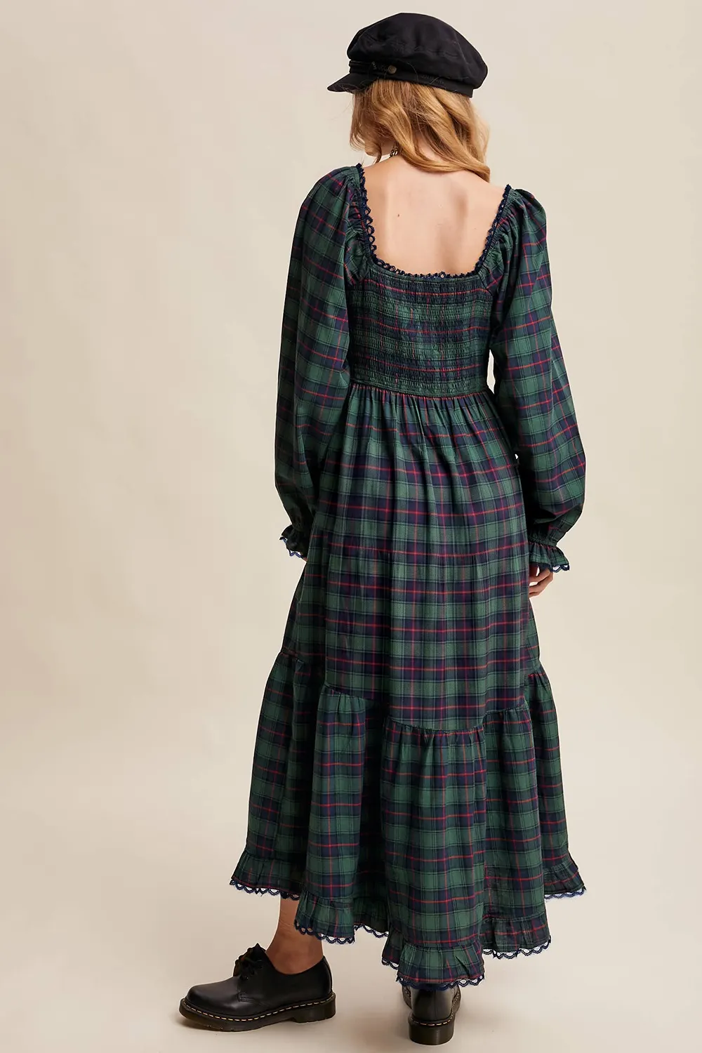 Plaid Long Sleeve Tiered Midi Dress 3