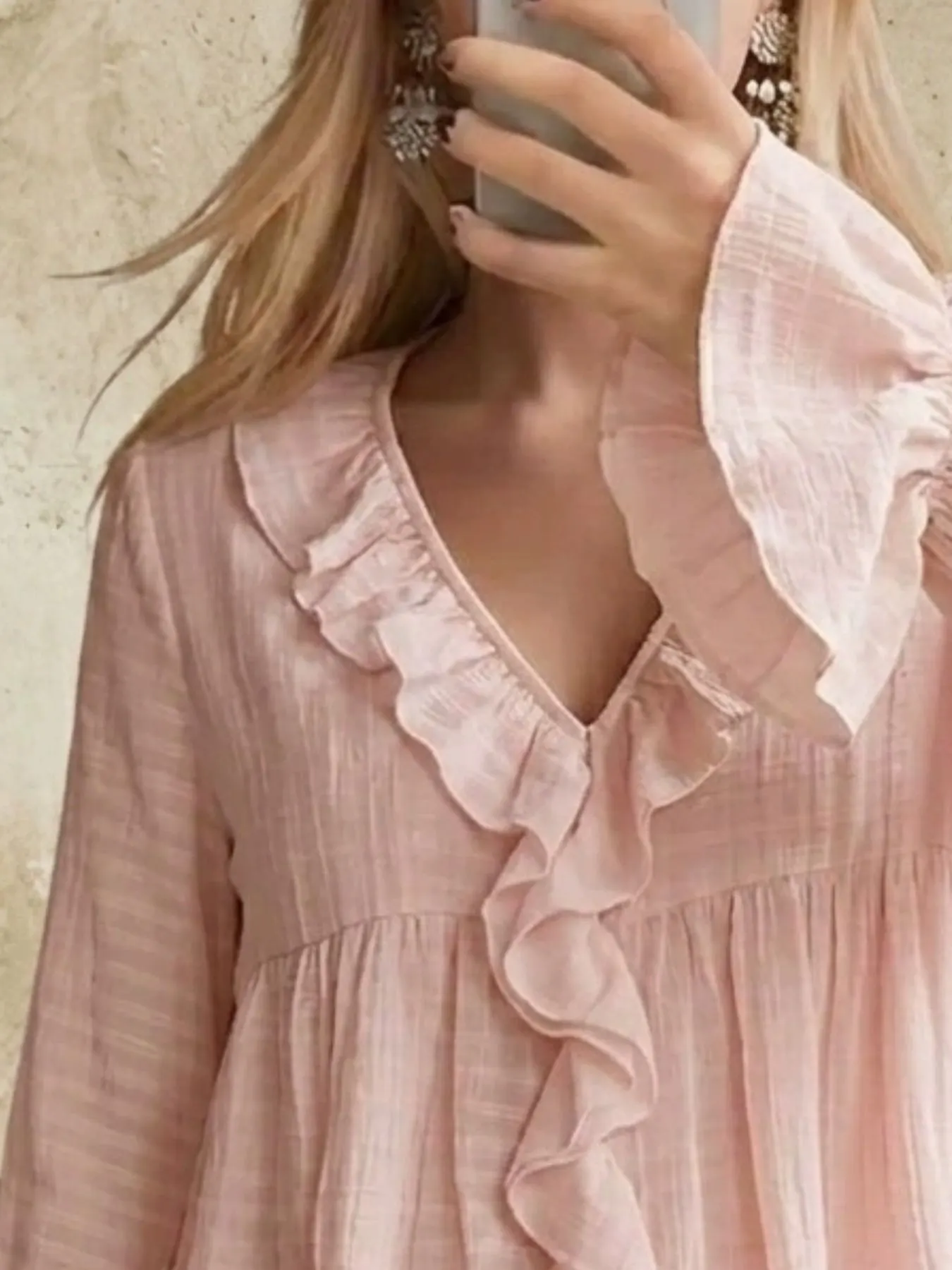 Ruffled V-Neck Flounce Sleeve Blouse 4