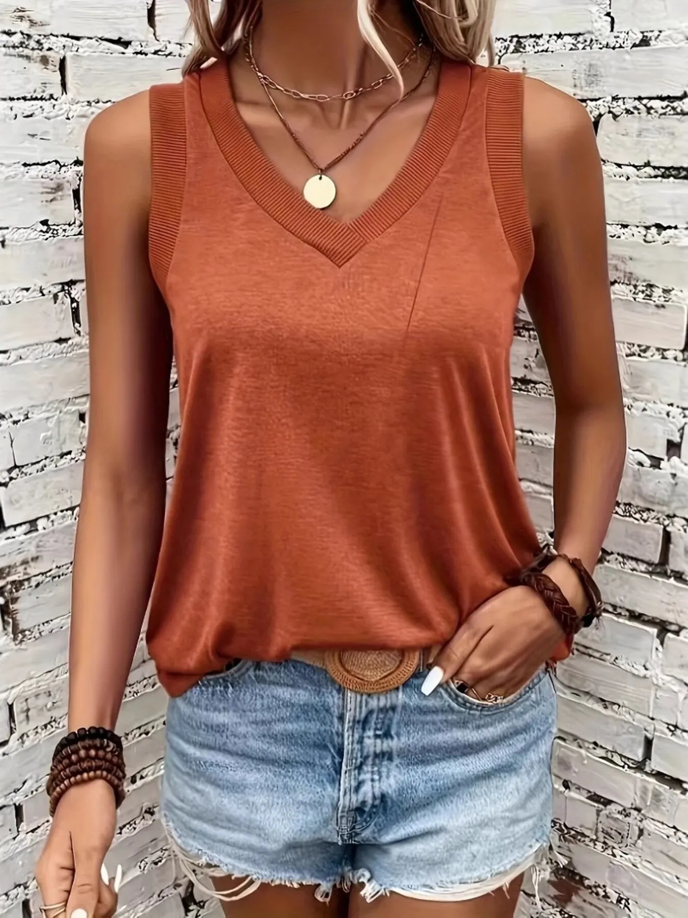 V-Neck Ribbed Trim Tank 2