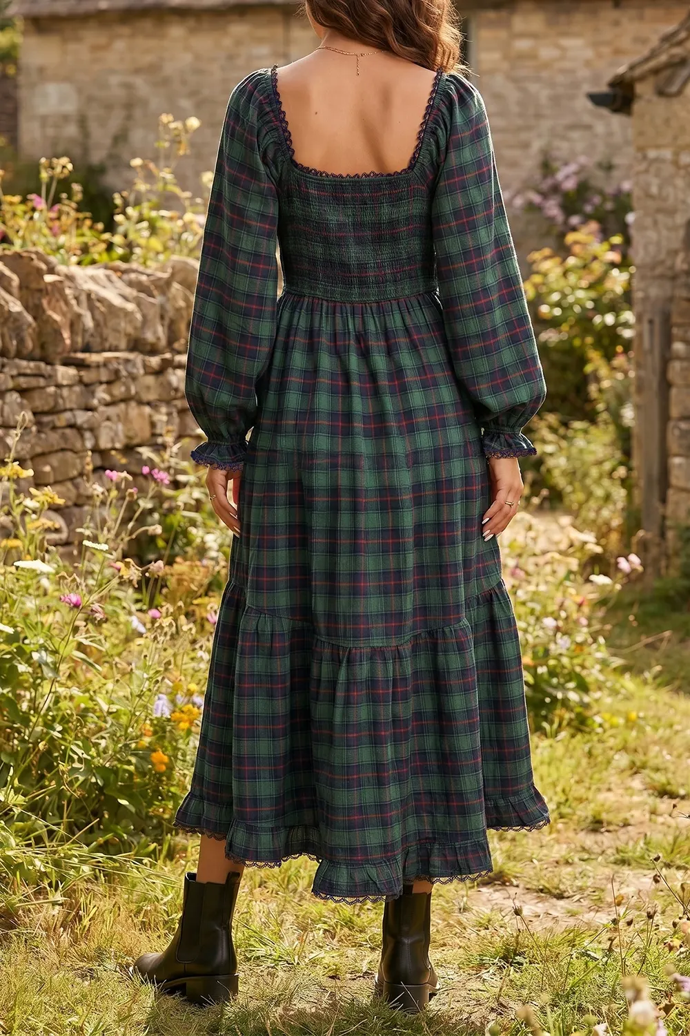 Plaid Long Sleeve Tiered Midi Dress 2