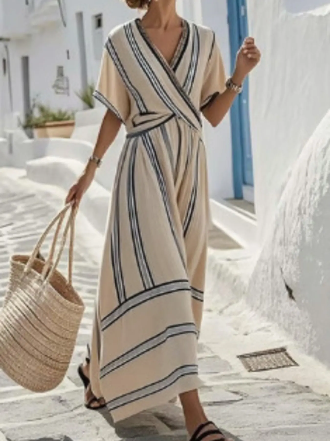 Full Size Striped Short Sleeve Wrap Maxi Dress Plus Size 3