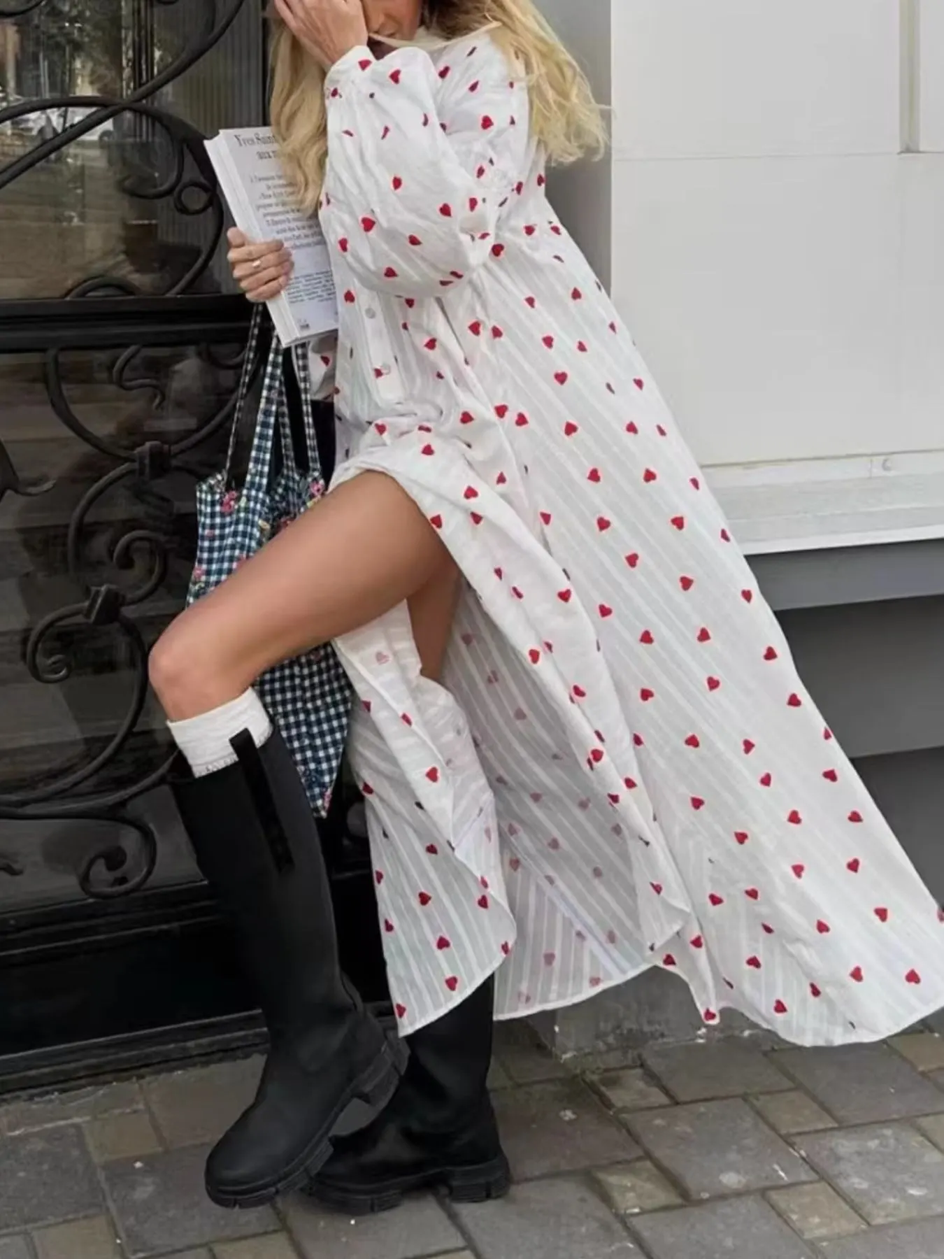 Heart Print Maxi Dress with Puff Sleeves 3